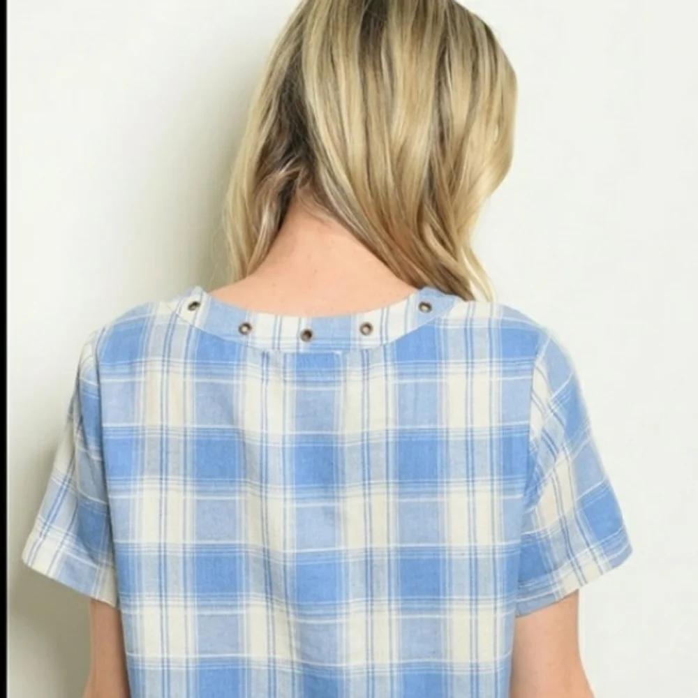 Cream and Light Blue Plaid Lace Up Dress▪︎S - Picture 3 of 6